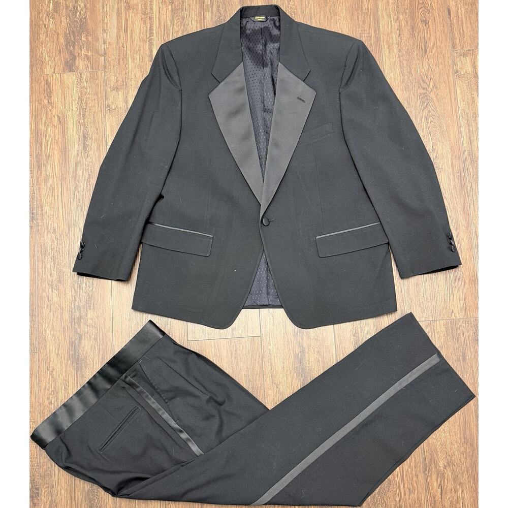 Vtg Christian Dior Monsieur 2 Piece Black Tuxedo Suit Jacket Sz 42 Pants 36x31.5